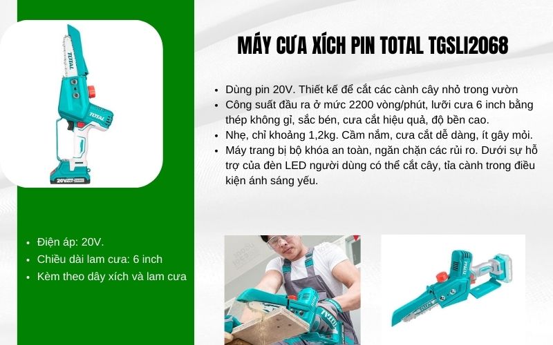 Máy cưa xích pin Total TGSLI2068