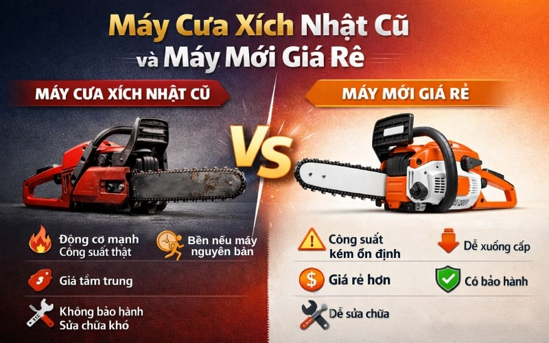 So sánh nhanh máy cưa xích Nhật cũ với máy mới giá rẻ