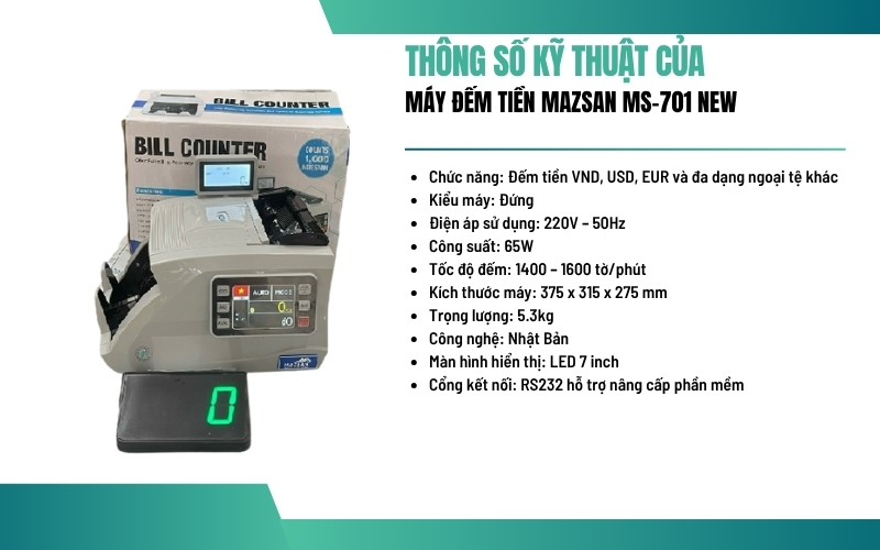 Thông số kỹ thuật của máy đếm tiền Mazsan MS-701New