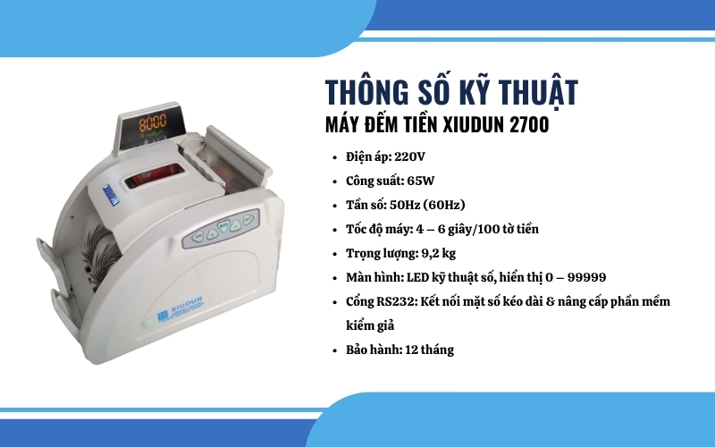 Thông số kỹ thuật của máy đếm tiền Xiudun 2700