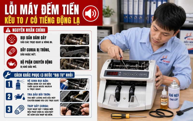 Máy đếm tiền kêu to hoặc có tiếng động lạ
