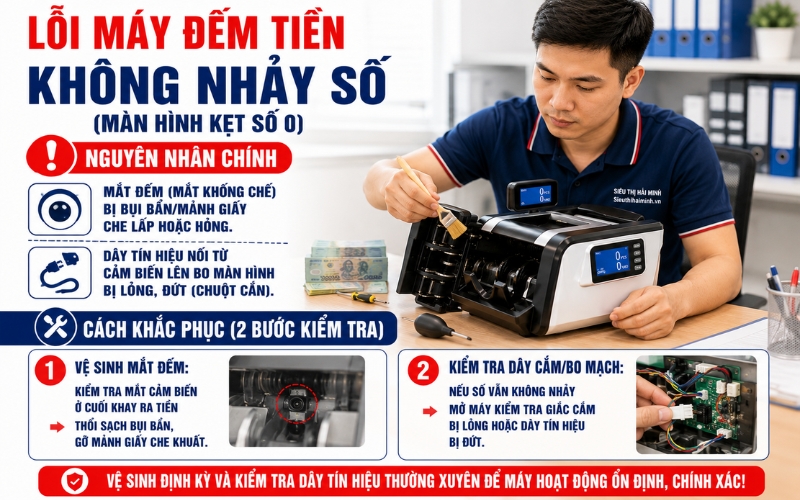 Máy đếm tiền không nhảy số hoặc không hoạt động