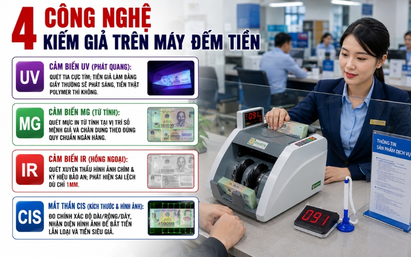 Máy đếm tiền phát hiện tiền giả bằng nhiều công nghệ khác nhau