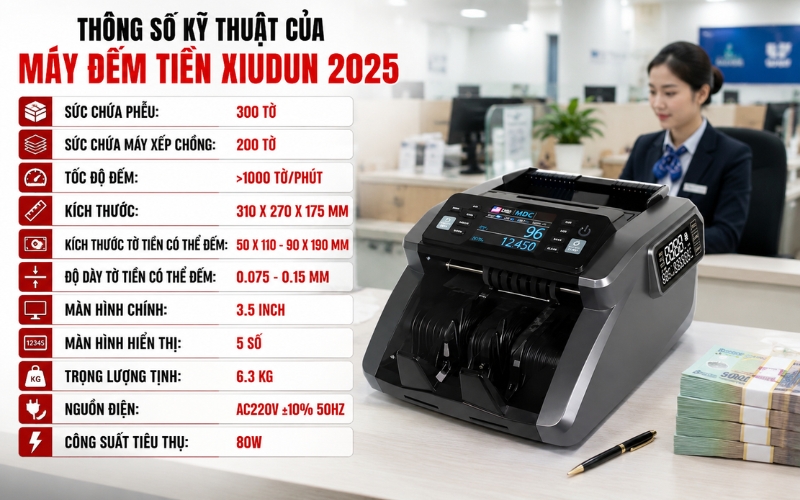 Thông số của máy đếm tiền Xiudun 2025