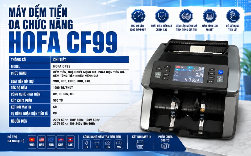 Thông số của máy đếm tiền đa chức năng HOFA CF99