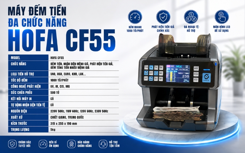 Thông số của máy đếm tiền đa chức năng HOFA CF55
