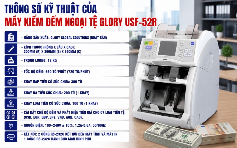 Thông số máy kiểm đếm ngoại tệ GLORY USF-52R