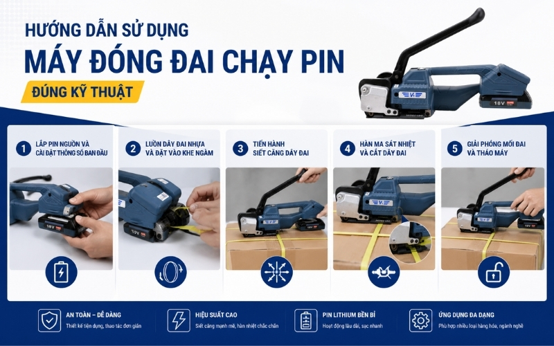 5 bước sử dụng máy đóng đai chạy pin đúng kỹ thuật
