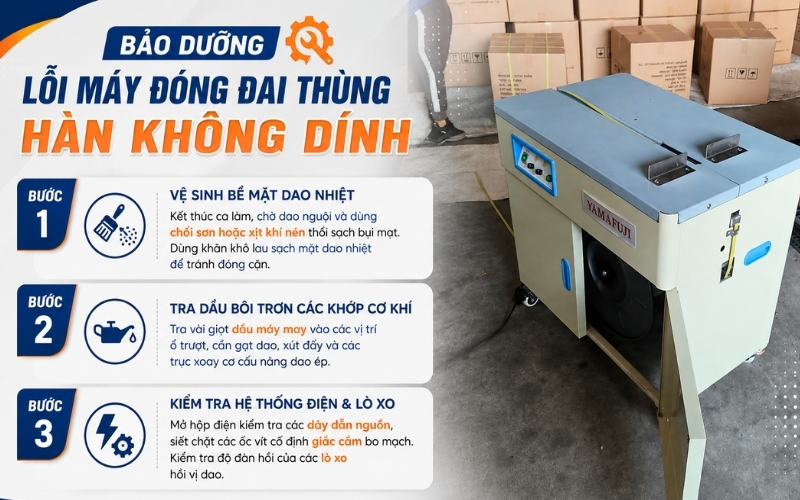 Bảo bưỡng lỗi máy đóng đai thùng hàn không dính
