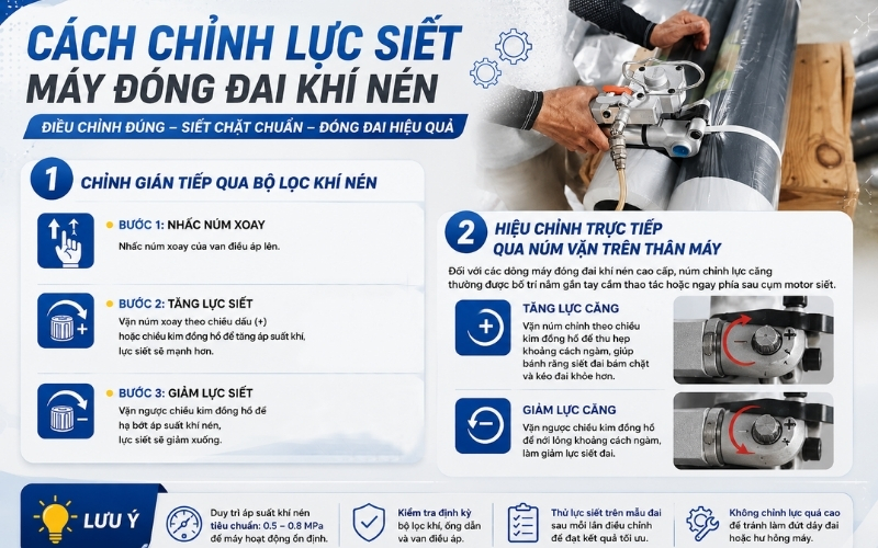Cách chỉnh lực siết máy đóng đai khí nén