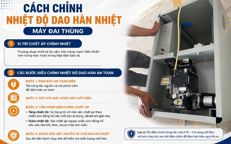 Cách chỉnh nhiệt độ dao hàn nhiệt máy đai thùng