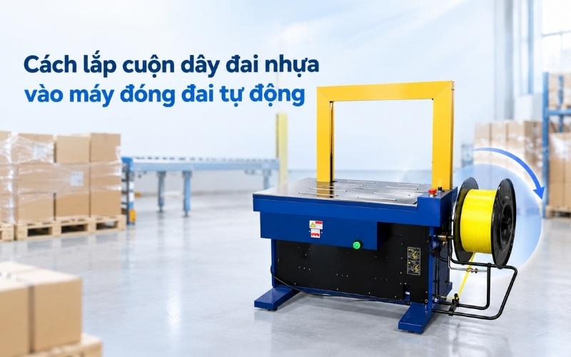 Cách lắp cuộn dây đai nhựa vào máy đóng đai tự động
