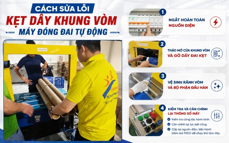 Cách sửa lỗi kẹt dây khung vòm máy đóng đai tự động