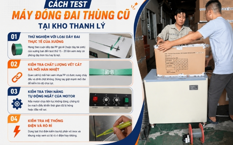Cách test máy đóng đai thùng cũ tại kho thanh lý