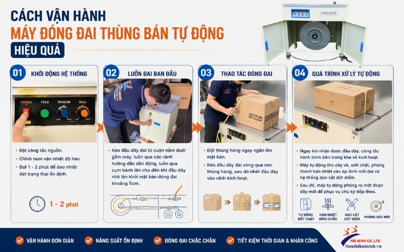 Cách vận hành máy đóng đai thùng bán tự động hiệu quả