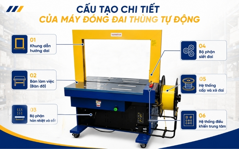 Cấu tạo chi tiết của máy đóng đai thùng tự động