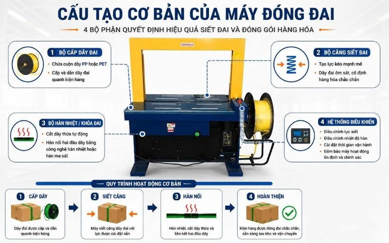 Cấu tạo cơ bản của máy đóng dây đai tự động