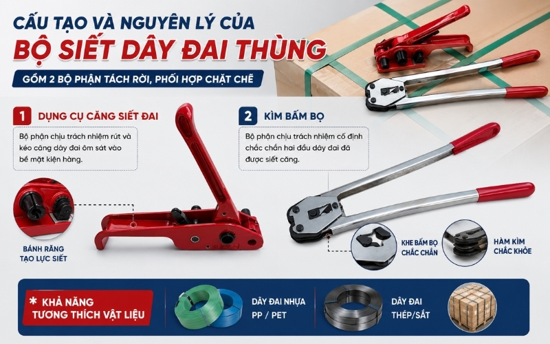 Cấu tạo và nguyên lý của bộ siết dây đai thùng