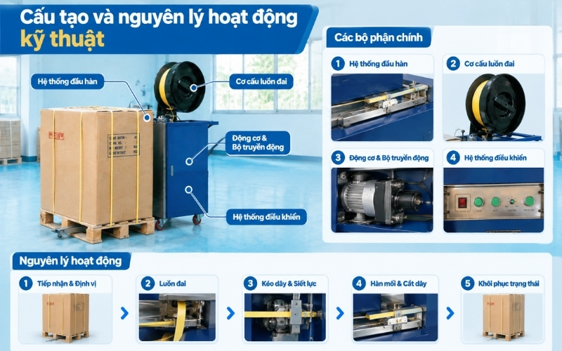 Cấu tạo và nguyên lý hoạt động kỹ thuật máy đóng đai pallet