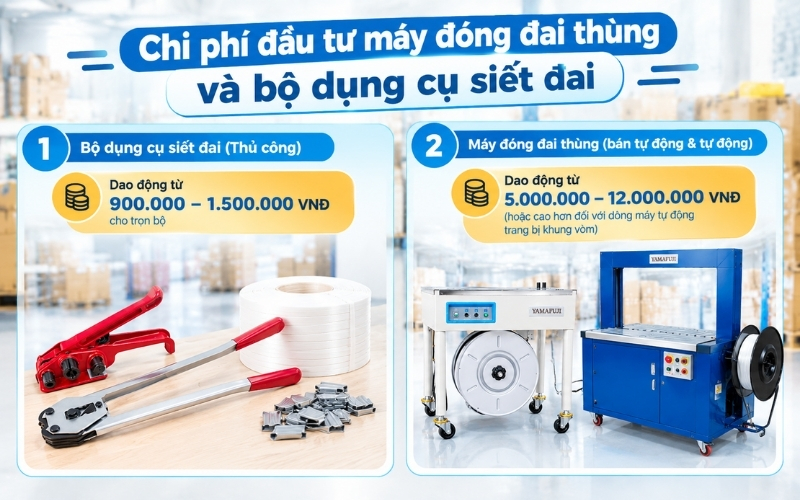 Chi phí đầu tư máy đóng đai thùng và bộ dụng cụ siết đai