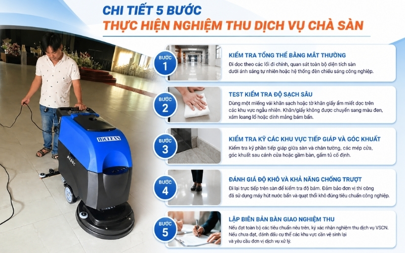 Chi tiết 5 bước thực hiện nghiệm thu dịch vụ chà sàn