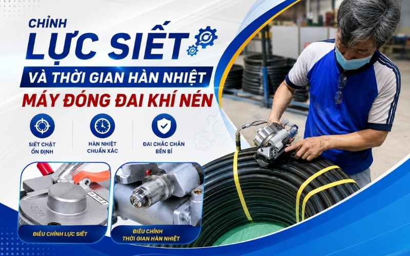 Chỉnh Lực Siết Và Thời Gian Hàn Nhiệt Máy Đóng Đai Khí Nén