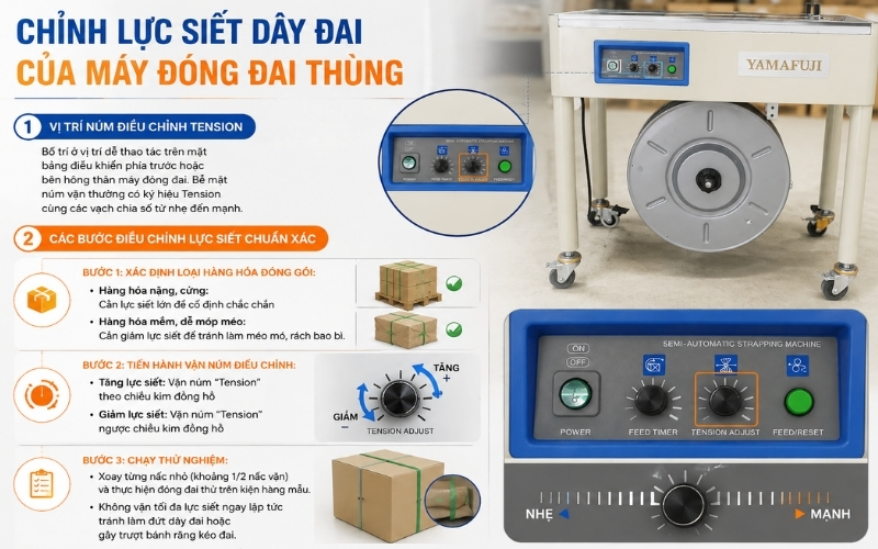 Chỉnh lực siết dây đai của máy đóng đai thùng
