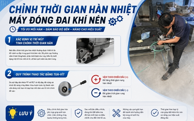 Chỉnh thời gian hàn nhiệt máy đóng đai khí nén
