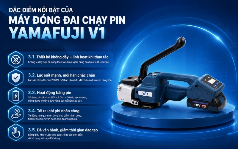 Đặc điểm nổi bật của máy đóng đai chạy pin Yamafuji V1