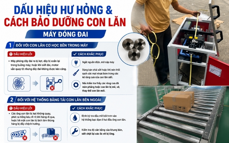 Dấu hiệu hư hỏng & cách bảo dưỡng con lăn máy đóng đai