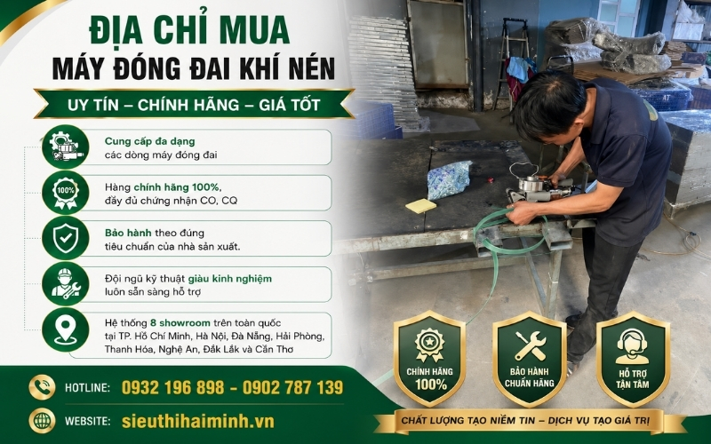 Địa chỉ mua máy đóng đai khí nén uy tín, chính hãng
