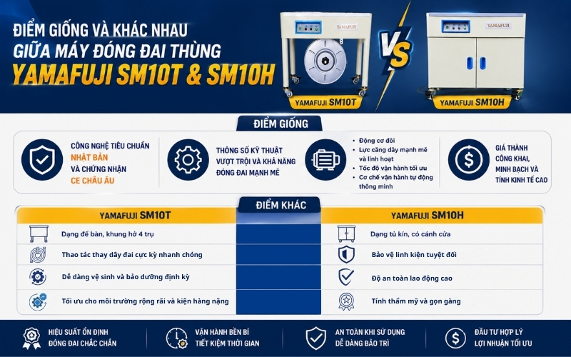 Điểm giống và khác nhau máy đóng đai thùng Yamafuji SM10T và SM10H