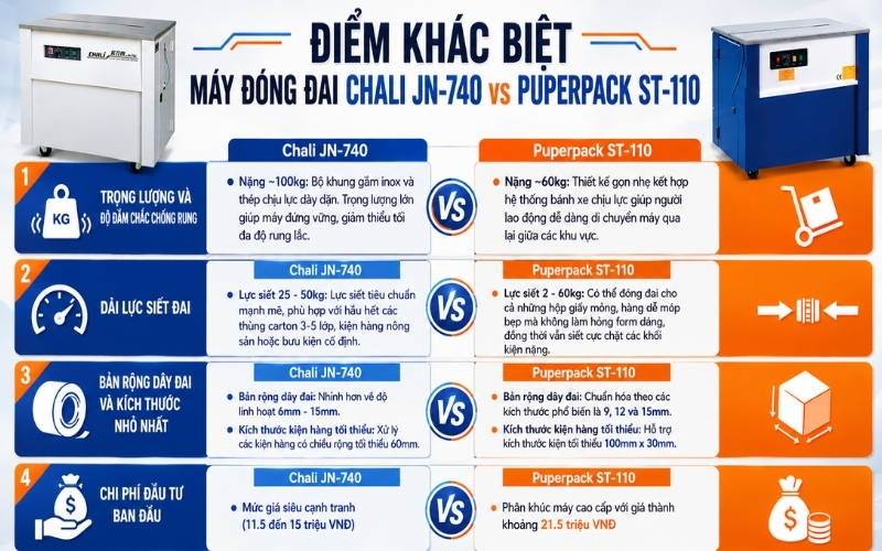 Điểm khác biệt máy đóng đai Chali JN-740 vs Puperpack ST-110