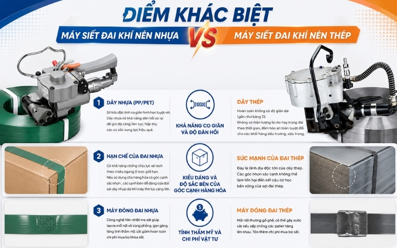 Điểm khác biệt máy siết đai khí nén nhựa và thép