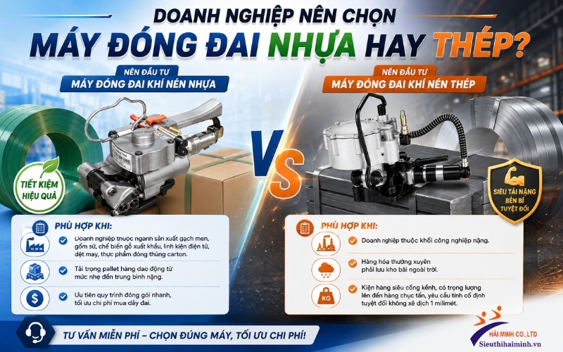 Doanh nghiệp nên chọn máy khí nén đai nhựa hay thép