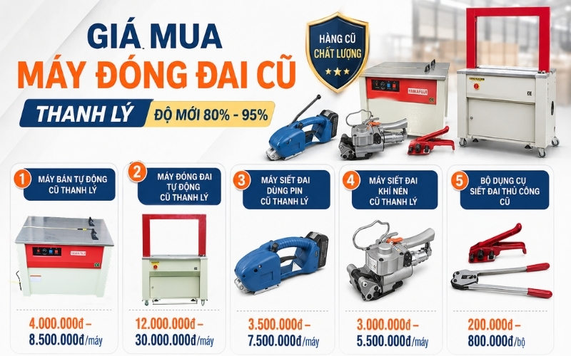 Giá mua máy đóng đai cũ thanh lý (Độ mới 80% - 95%)
