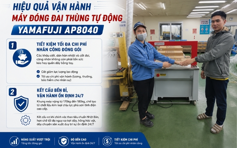 Hiệu quả vận hành máy đóng đai thùng tự động AP8040
