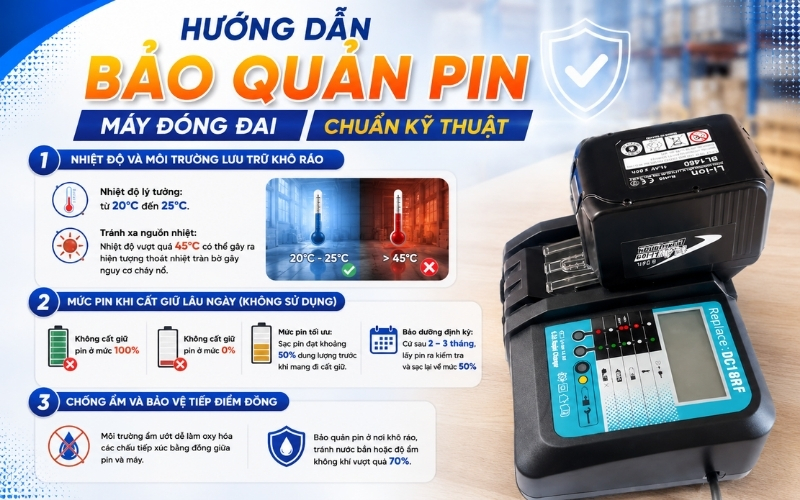 Hướng dẫn bảo quản pin máy đóng đai chuẩn kỹ thuật
