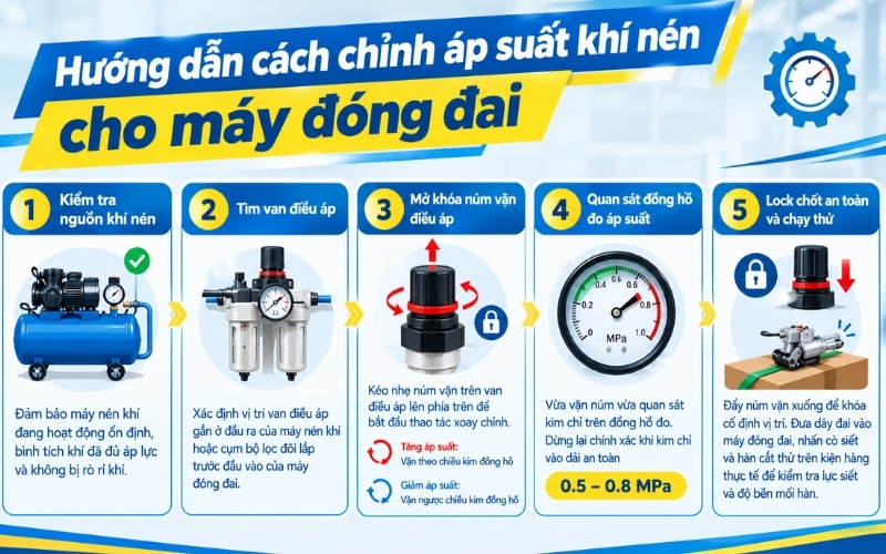 Hướng dẫn cách chỉnh áp suất khí nén cho máy đóng đai