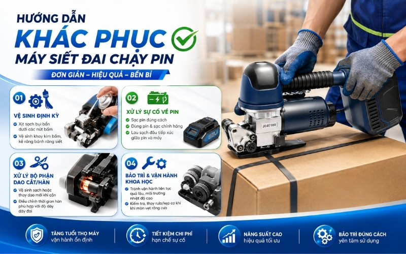 Hướng dẫn cách khắc phục máy siết đai chạy pin
