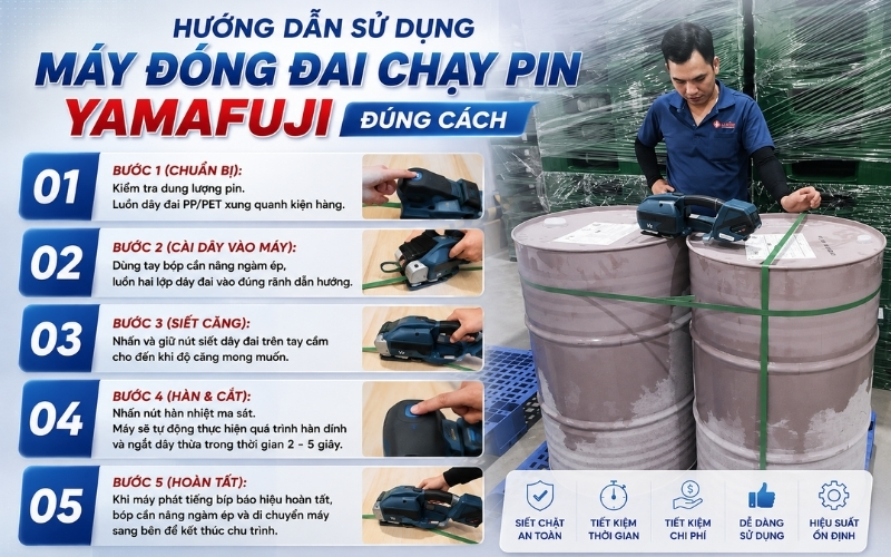 Hướng dẫn sử dụng máy đóng đai chạy pin Yamafuji đúng cách