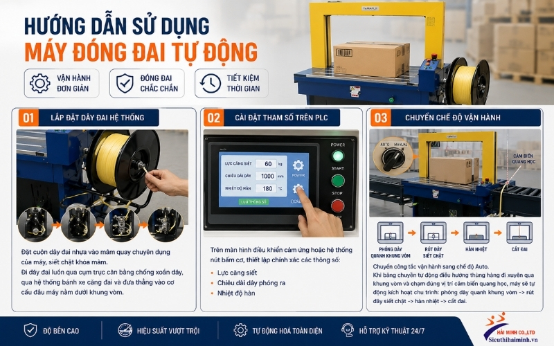 Hướng dẫn sử dụng máy đóng đai tự động cho dây chuyền lớn