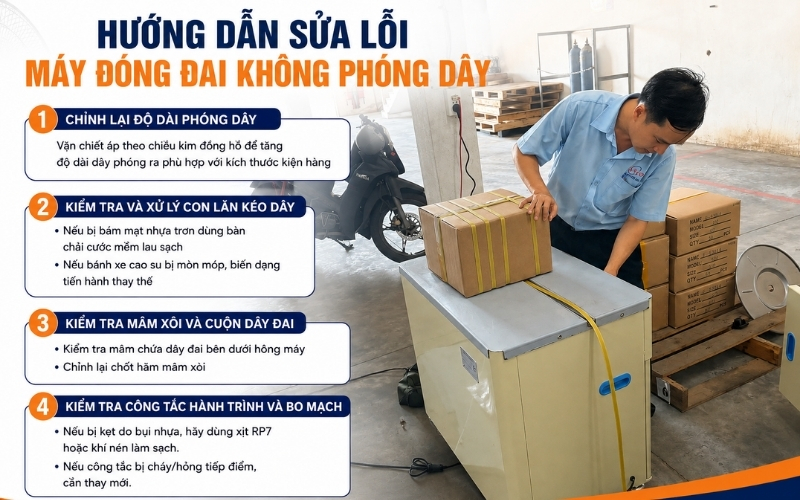 Hướng dẫn sửa lỗi máy đóng đai không phóng dây