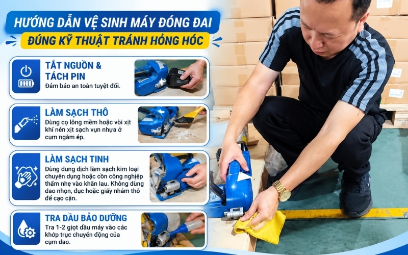 Hướng dẫn vệ sinh máy đóng đai đúng kỹ thuật tránh hỏng hóc