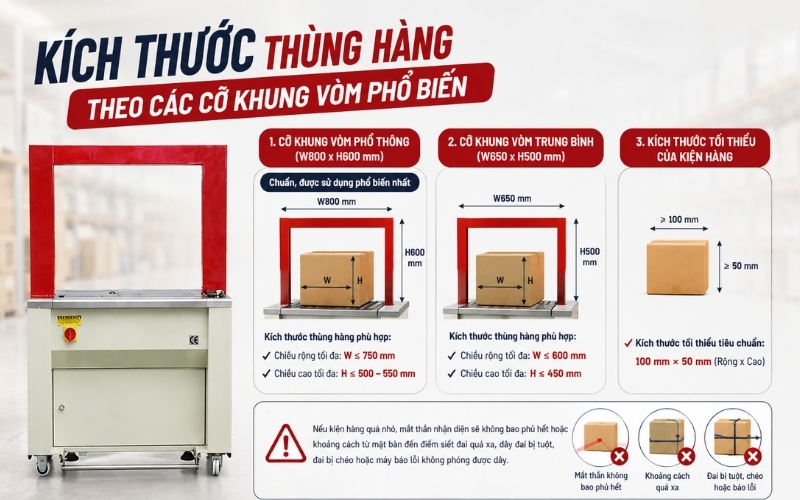 Kích thước thùng hàng theo các cỡ khung vòm phổ biến