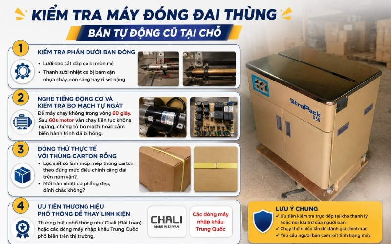Kiểm tra máy đóng đai thùng bán tự động cũ tại chỗ