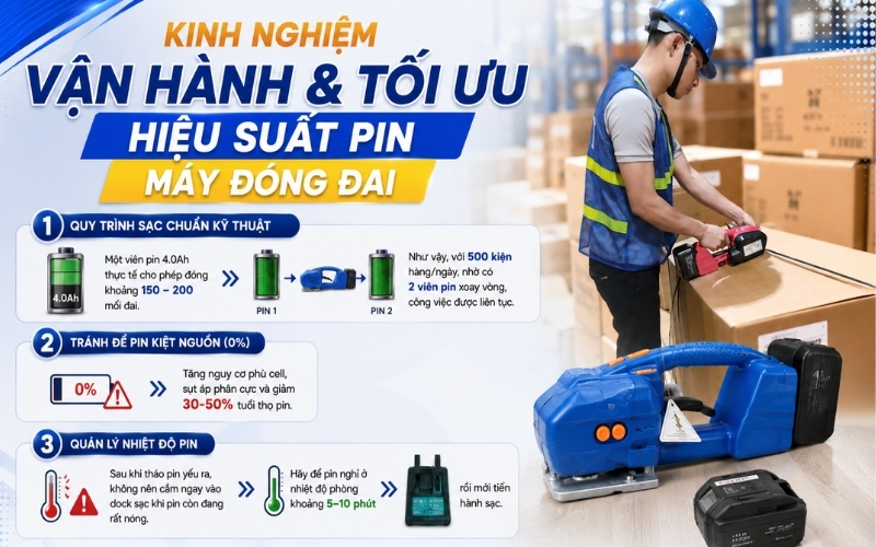 Kinh nghiệm vận hành & tối ưu hiệu suất pin máy đóng đai
