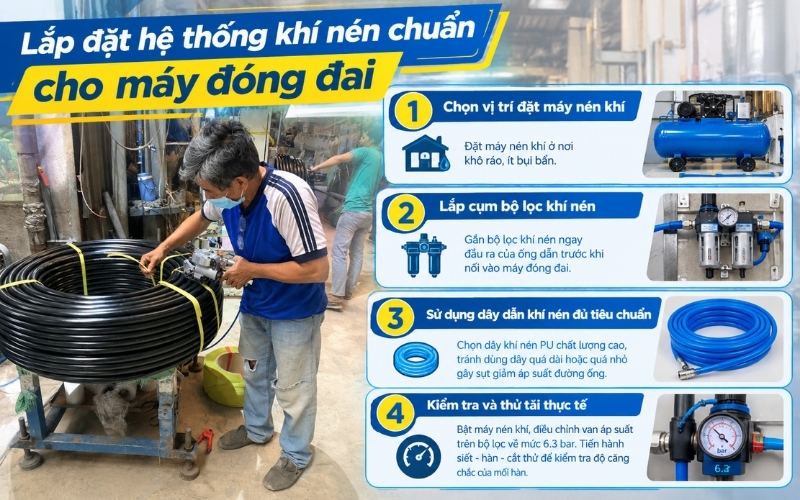 Lắp đặt hệ thống khí nén chuẩn cho máy đóng đai