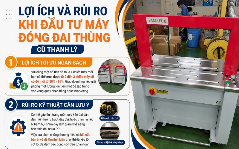 Lợi ích và rủi ro khi đầu tư máy đóng đai thùng cũ thanh lý