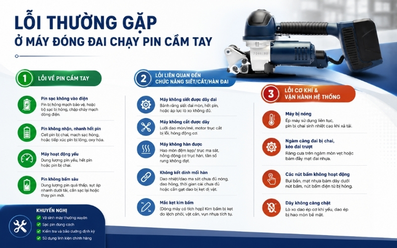 Lỗi thường gặp ở máy đóng đai chạy pin cầm tay